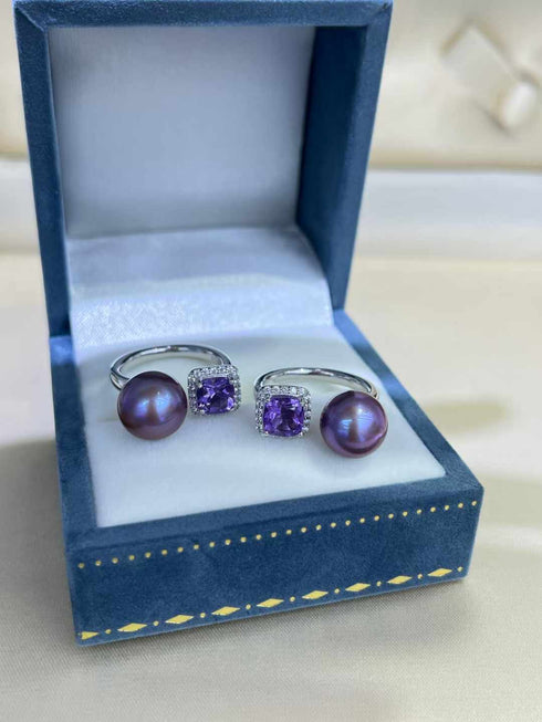 Aurora Iridescent Purple Pearl Ring with Large Amethyst Crystal - House Of Pearls