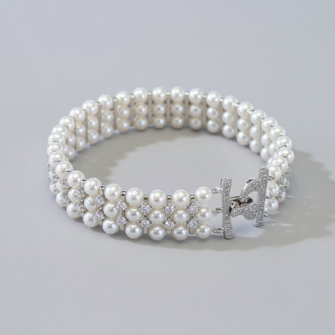 4-5mm Triple Strand Freshwater Pearl Cubic Zirconia Bracelet