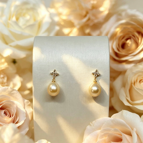 Earrings: pair of 10-11mm Golden South Sea pearl drop earrings in gold setting, House Of Pearls - XM