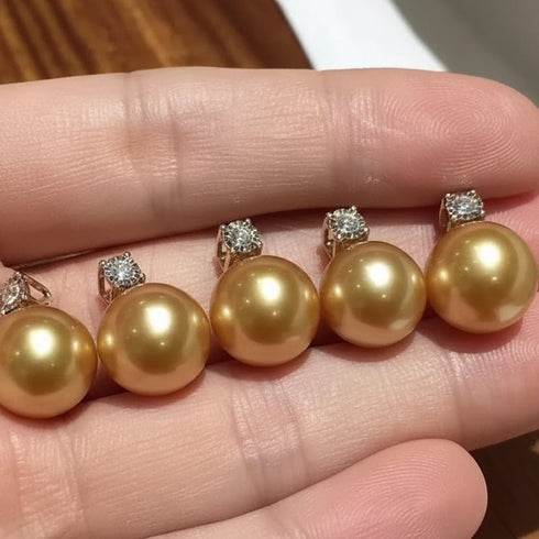 Fairy Drop Golden South Sea Pearl 18K Gold Pendant Necklace with five pearls and diamond accents