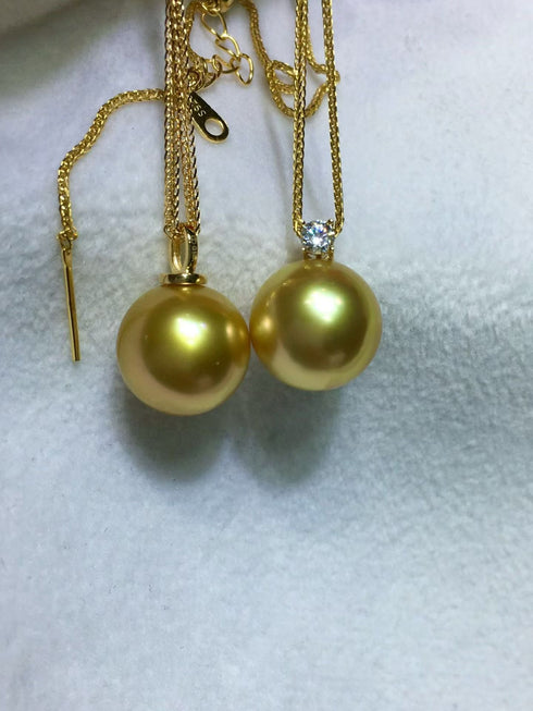 Pair of Sasha pendant necklaces with 10-12mm Golden South Sea pearls on gold chains, House Of Pearls JG