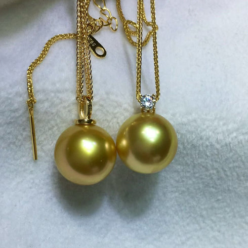 Pair of Sasha pendant necklaces with 10-12mm Golden South Sea pearls on gold chains, House Of Pearls JG