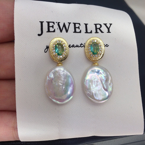 Coin Baroque Freshwater Pearl Drop Emerald Accent Earrings pair, gold-tone coin frames and iridescent pearls