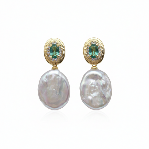 Coin Baroque Freshwater Pearl Drop Emerald Accent Earrings - Earrings made with hand-selected pearls from House of Pearls