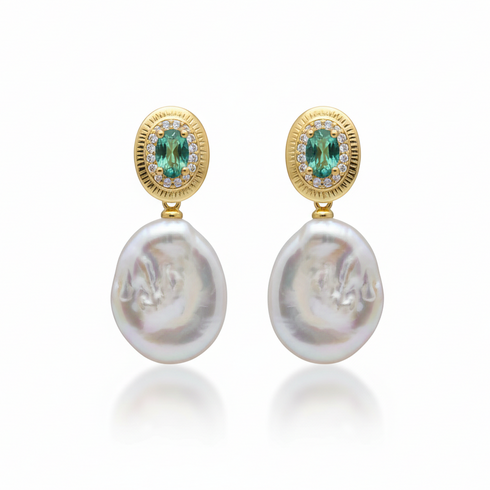Earrings: Coin Baroque Freshwater Pearl Drop Emerald Accent by House of Pearls SY, gold-tone with emerald center (pair)