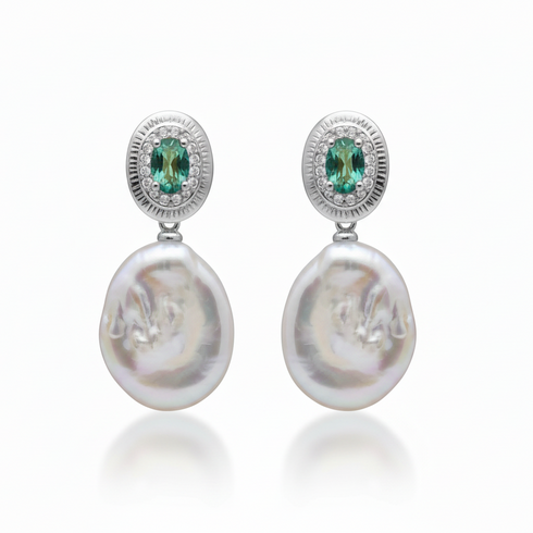 Earrings: Coin Baroque Freshwater Pearl Drop Emerald Accent pair by House of Pearls SY, emerald accents and freshwater pearls
