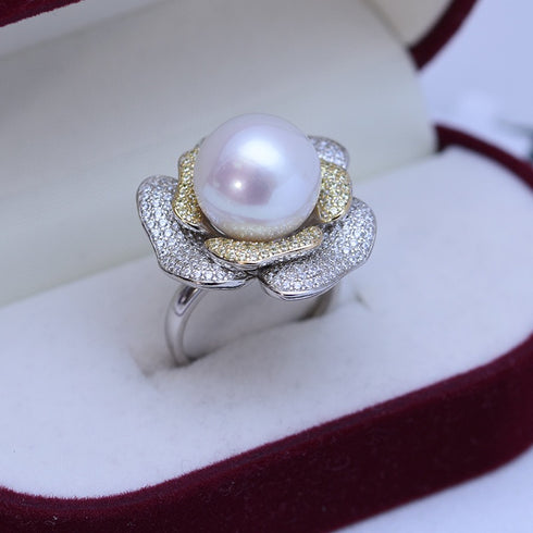 12-13mm Freshwater Pearl & Large Rose CZ Ring - House Of Pearls