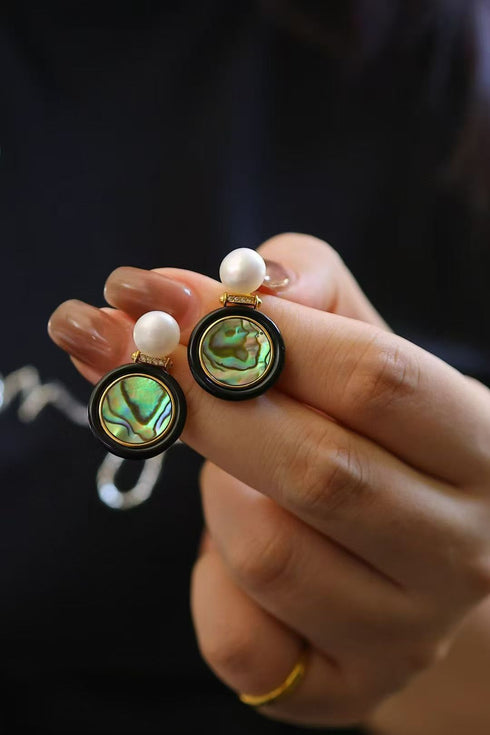 Abalone Shell, Black Agate & Freshwater Pearl Earrings, Necklace, Set