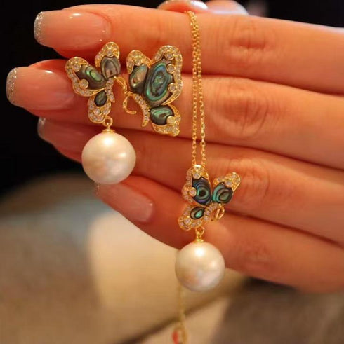 Black Mother of Pearls Butterfly Earrings & Necklace - House Of Pearls