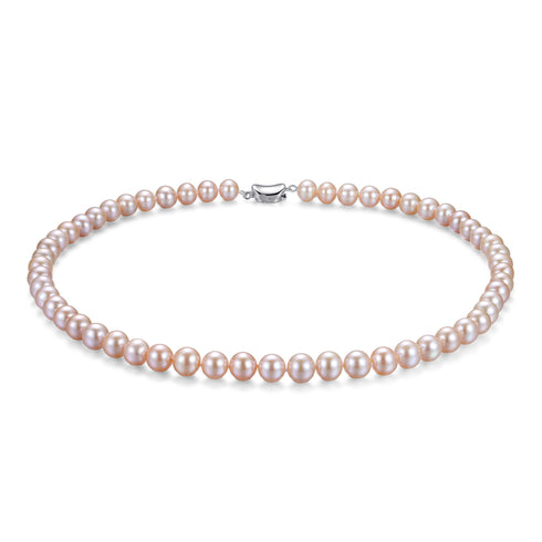 6-7mm Pink Freshwater Pearl Necklace with single-strand pink pearls and silver clasp