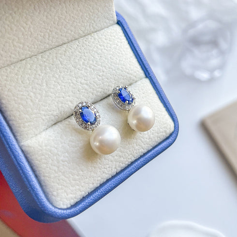 7-8mm Blue Crystal CZ Pearl Earrings - Earrings made with hand-selected pearls from House of Pearls