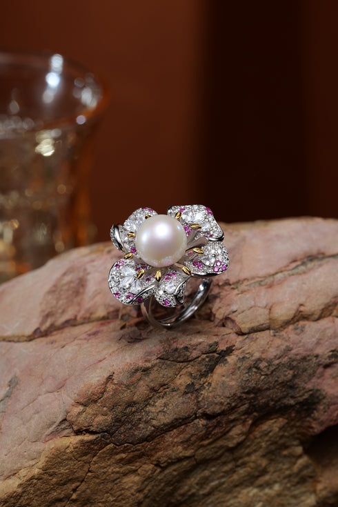 7-8mm Freshwater Pearl Zirconia Rose Earrings - Rings made with hand-selected pearls from House of Pearls