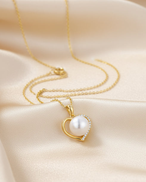 7–8mm Freshwater Pearl Half Zirconia Heart Pendant Necklace - Necklaces made with hand-selected pearls from House of Pearls