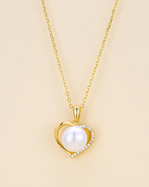 7–8mm Freshwater Pearl Half Zirconia Heart Pendant Necklace - Necklaces made with hand-selected pearls from House of Pearls