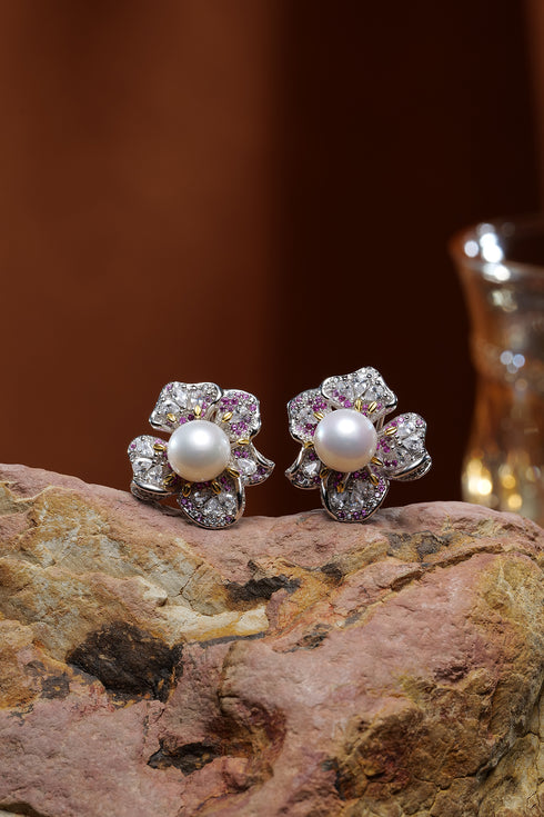 7-8mm Freshwater Pearl Zirconia Rose Earrings - Earrings made with hand-selected pearls from House of Pearls