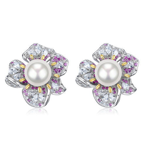 7-8mm Freshwater Pearl Zirconia Rose Earrings - Earrings made with hand-selected pearls from House of Pearls