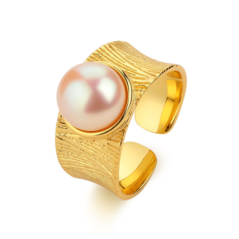 7-8mm freshwater pink pearl wide ring with a textured gold-tone band, House Of Pearls - TA