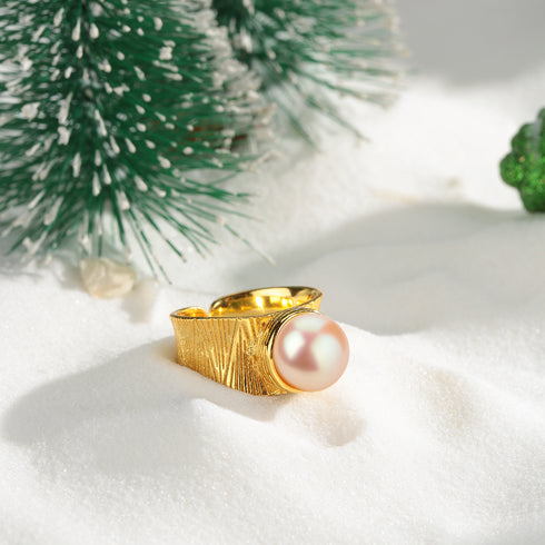 7-8mm freshwater pink pearl wide rings on textured gold bands, House Of Pearls