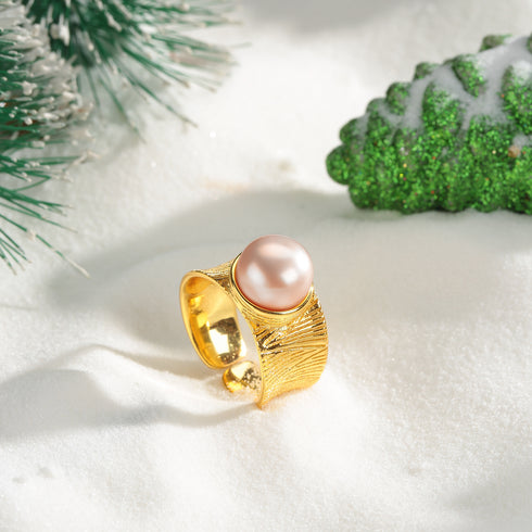 7-8mm Freshwater Pink Pearl Wide Ring, gold-tone textured band with pink pearl centerpiece