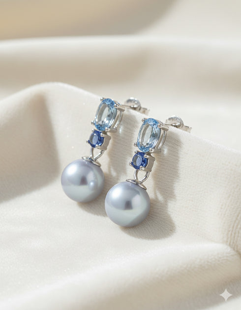 7-8mm Silver-Blue Akoya Pearl Drop Earrings, a pair with blue top stones and dangling pearls.