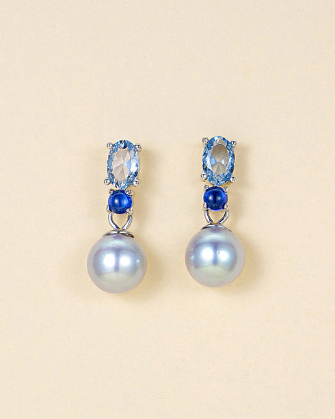 7-8mm Silver Blue Akoya Pearl Drop Earrings with faceted blue crystal tops and silver-tone settings, House Of Pearls TA