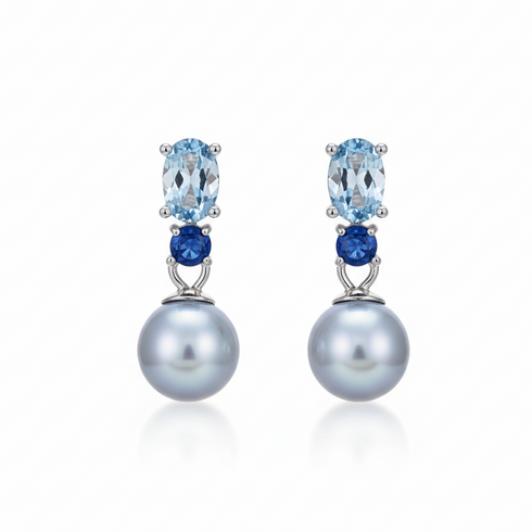7-8mm Silver-Blue Akoya Pearl Drop Earrings, a pair featuring blue gemstone accents.