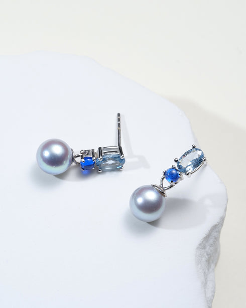 7-8mm Silver Blue Akoya Pearl Drop Earrings with blue crystals, House of Pearls