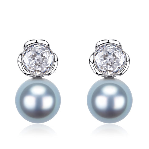 7-8mm Silver Blue Akoya Pearl Floral Cubic Zirconia Earrings - Earrings made with hand-selected pearls from House of Pearls