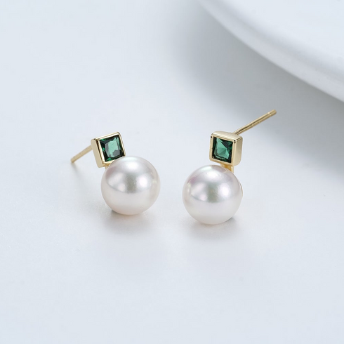 Sasha Stud Earrings, pair featuring 7–8mm white Akoya pearls with green zirconia in square gold-tone settings