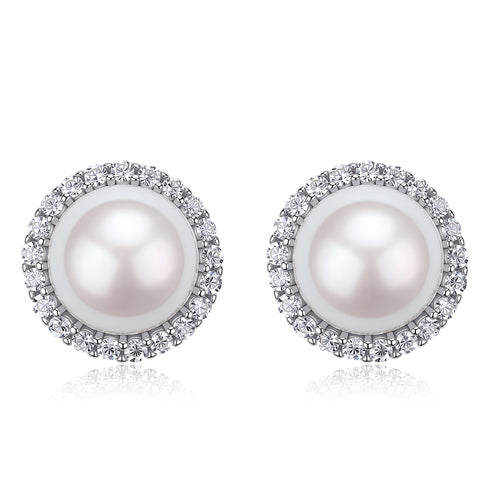 7-8mm White Akoya Pearl Roud Zirconia Stud Earrings - Earrings made with hand-selected pearls from House of Pearls