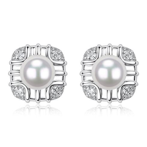 7-8mm White Akoya Pearl Square Stud Earrings - Earrings made with hand-selected pearls from House of Pearls