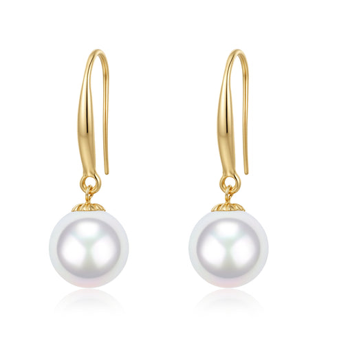 7-8mm White Freshwater Pearl Hook Earrings 14K Gold