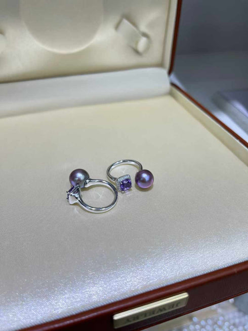 Aurora Iridescent Purple Pearl Ring with Large Amethyst Crystal - House Of Pearls
