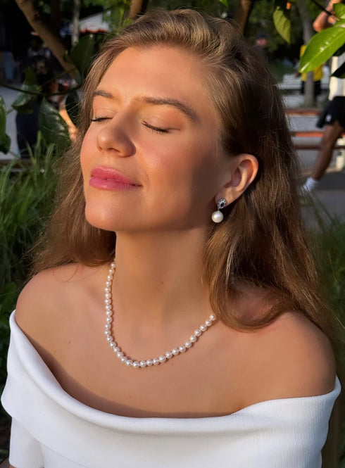 Earrings: freshwater pearl drop with blue gemstone accent, 11–12mm pearls