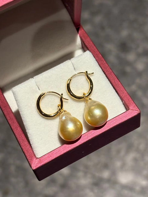 13-14mm Golden South Sea Baroque Pearl Hoop Earrings
