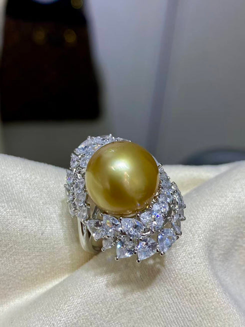 Ring: 12-13mm Golden South Sea pearl with crystal halo, pave diamonds on a silver band, House of Pearls MZ