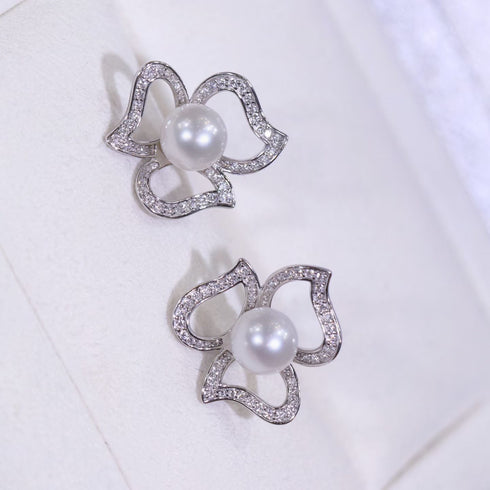 Aurora White Freshwater Pearl Floral Stud Earrings; pair with silver-tone petals encrusted with pave crystals by House Of Pearls - TA