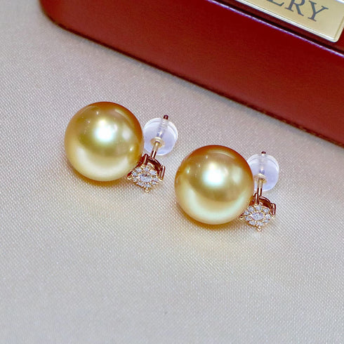 Earrings: 10–12mm golden South Sea pearl Sasha earrings in 18K gold with diamond accents (pair)