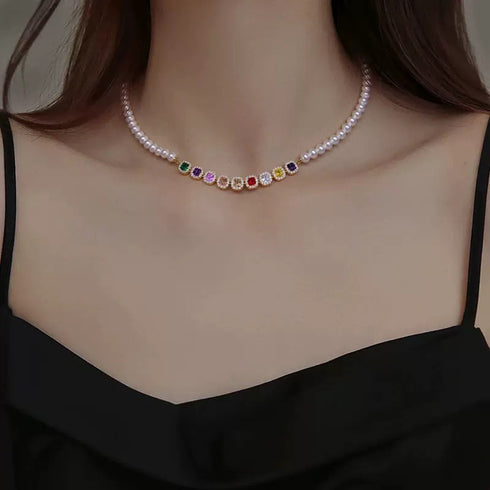 Freshwater Pearl Rainbow Crystal Necklace - Necklace made with hand-selected pearls from House of Pearls