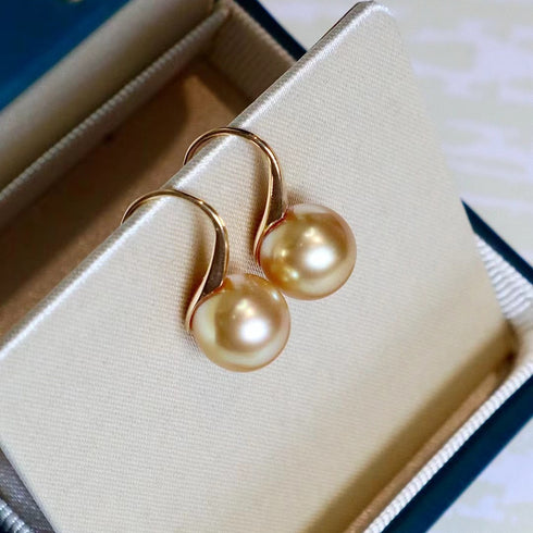 9-10mm Golden South Sea Pearl & Classic Drop Earrings 18K Gold Hooks