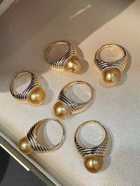 10-11mm South Sea Golden Pearl Thread Ring set of six rings on silver ribbed bands for a bold, lustrous look.