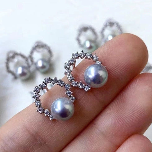 6-7mm Seawater Akoya Pearl & Cubic Zirconia Halo Stud Earrings - House Of Pearls