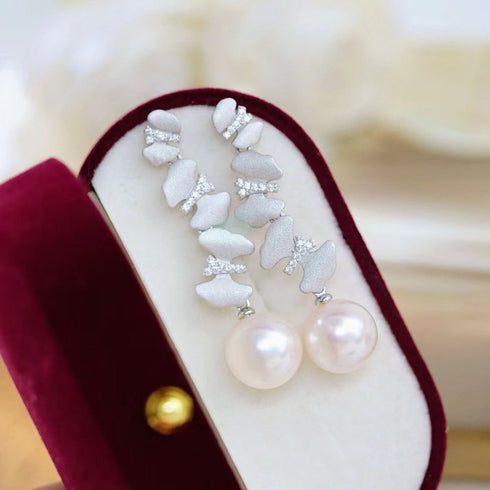 11-12mm Freshwater Pearl & Dancing Butterfly Earrings - House Of Pearls