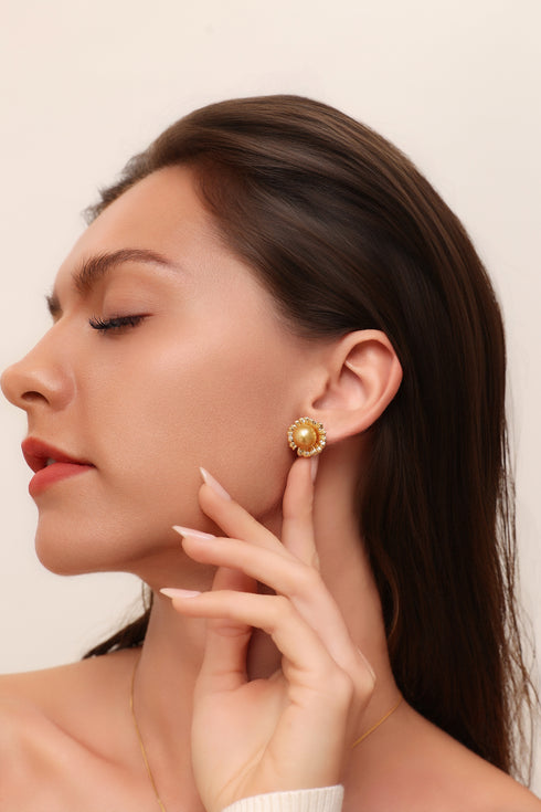 9-10mm Golden South Sea Pearl Sunflower Stud Earrings