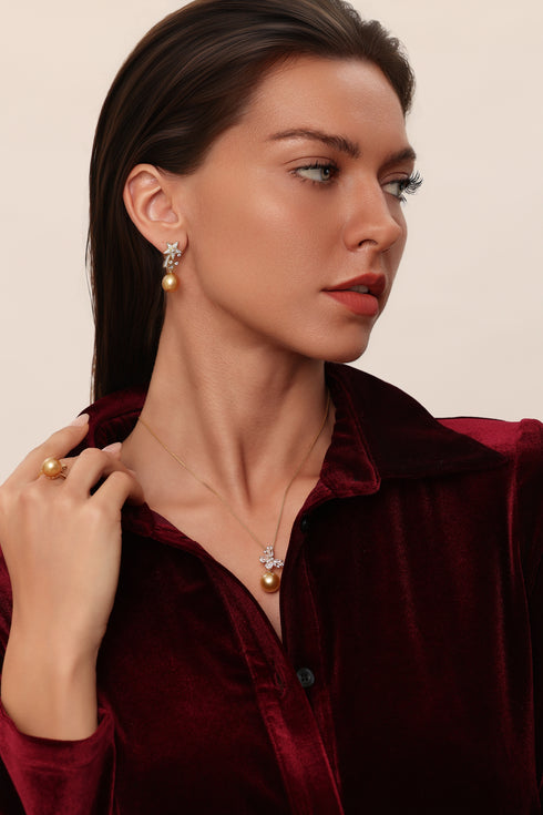 11-12mm South Sea Golden Pearl Cubic Zirconia Butterfly Pendant Necklace