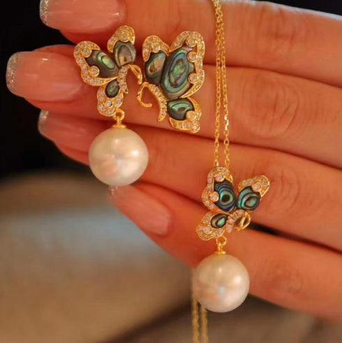 Black Mother of Pearls Butterfly Earrings & Necklace - House Of Pearls
