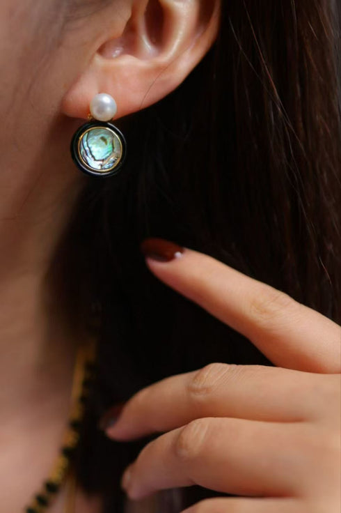 Abalone Shell, Black Agate & Freshwater Pearl Earrings, Necklace, Set