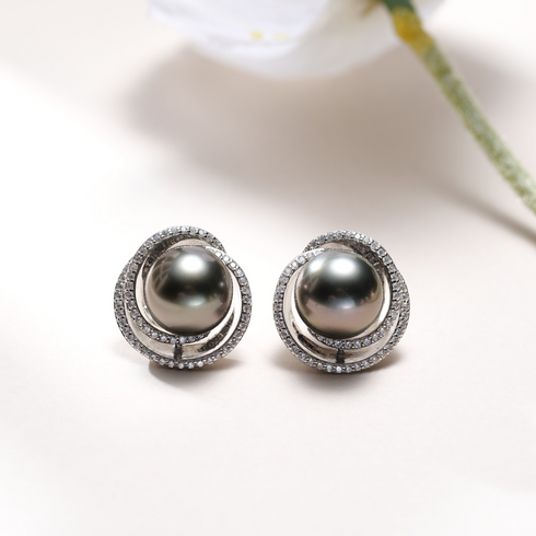 Earrings: House Of Pearls XM Tahitian Pearl Double Halo Stud Earrings, 10–11mm dark pearls with pavé crystal halos