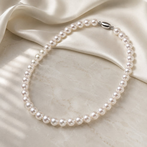 8.5–9.0mm Japanese Akoya Hanadama Pearl Necklace, white lustrous pearls with a silver clasp, GRC Certified
