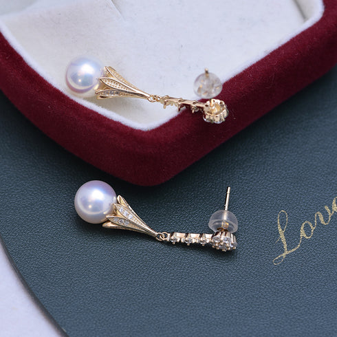 Earrings, pair of 8-9mm freshwater pearl & CZ daisy drops in gold-tone setting, House Of Pearls.